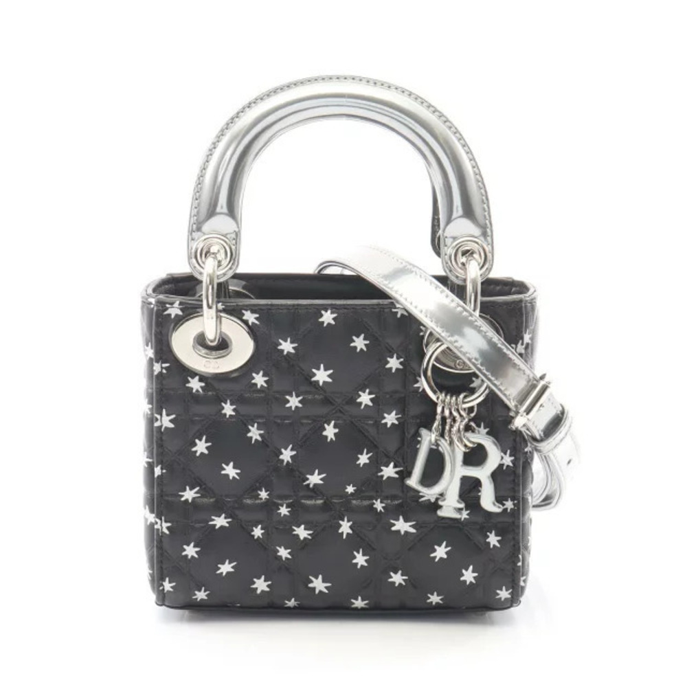 Christian Dior Lady Cannage Star Handbag Leather Black Silver